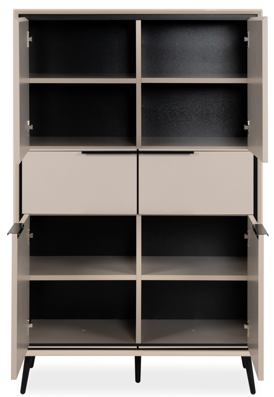 Modernes Highboard mit offenen Türen, zeigt mehrere Fächer in einer frontalen Ansicht.