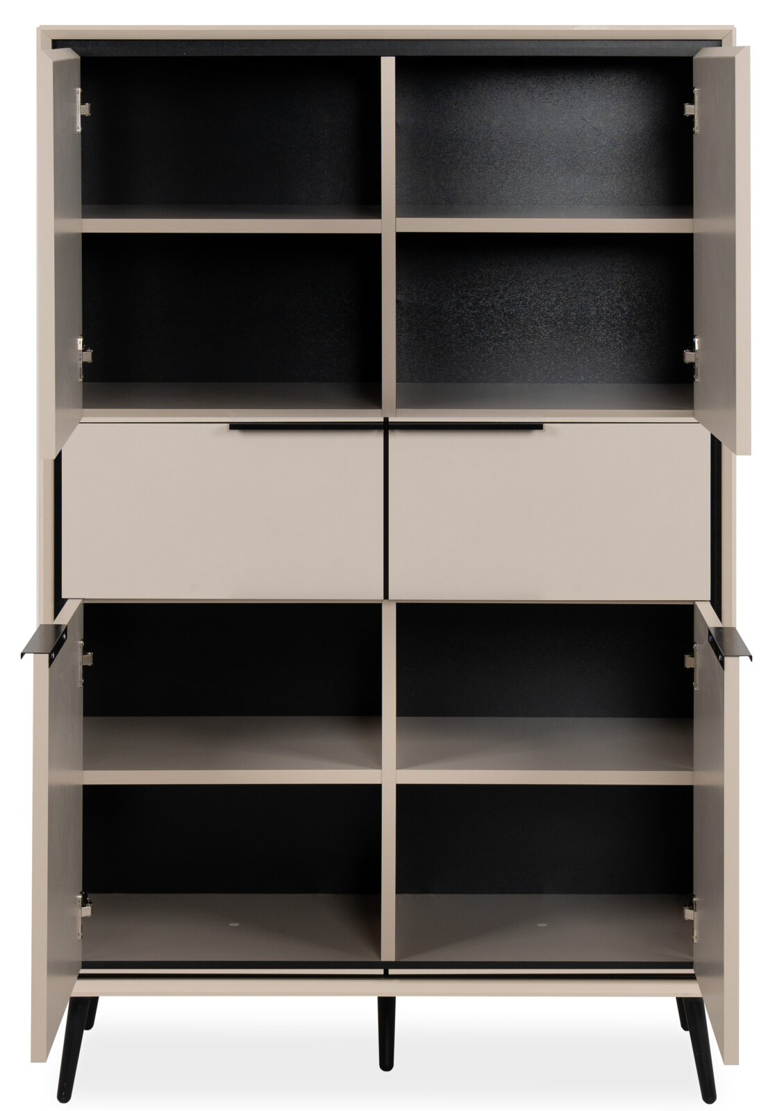 Modernes Highboard mit offenen Türen, zeigt mehrere Fächer in einer frontalen Ansicht.