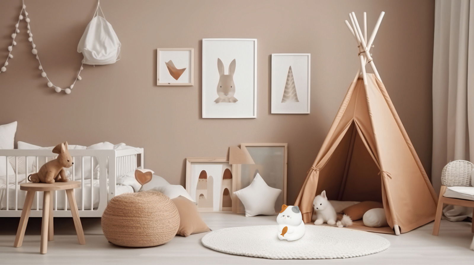 Akku-Nachtlicht in Form einer sitzenden Katze, platziert auf einem weißen Teppich in einem stilvoll eingerichteten Kinderzimmer mit Tipi-Zelt und Wanddekorationen, seitliche Perspektive.
