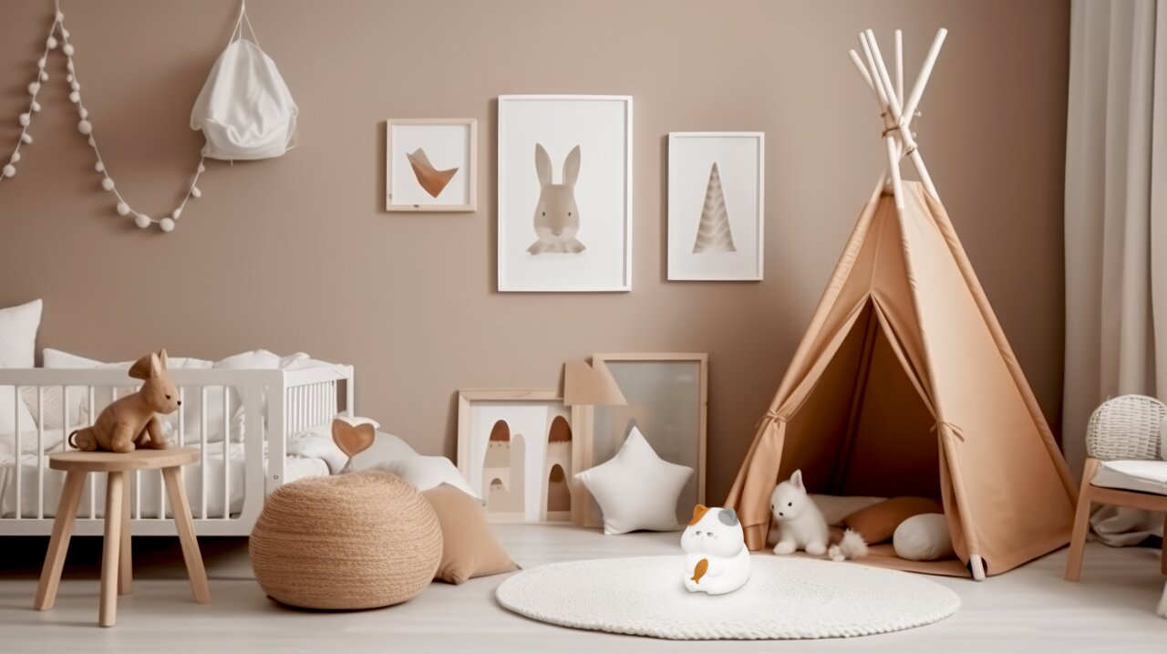 FHL easy Akku-Nachtlicht Greedy Cat GERD Akku-Nachtlicht in Form einer sitzenden Katze, platziert auf einem weißen Teppich in einem stilvoll eingerichteten Kinderzimmer mit Tipi-Zelt und Wanddekorationen, seitliche Perspektive.