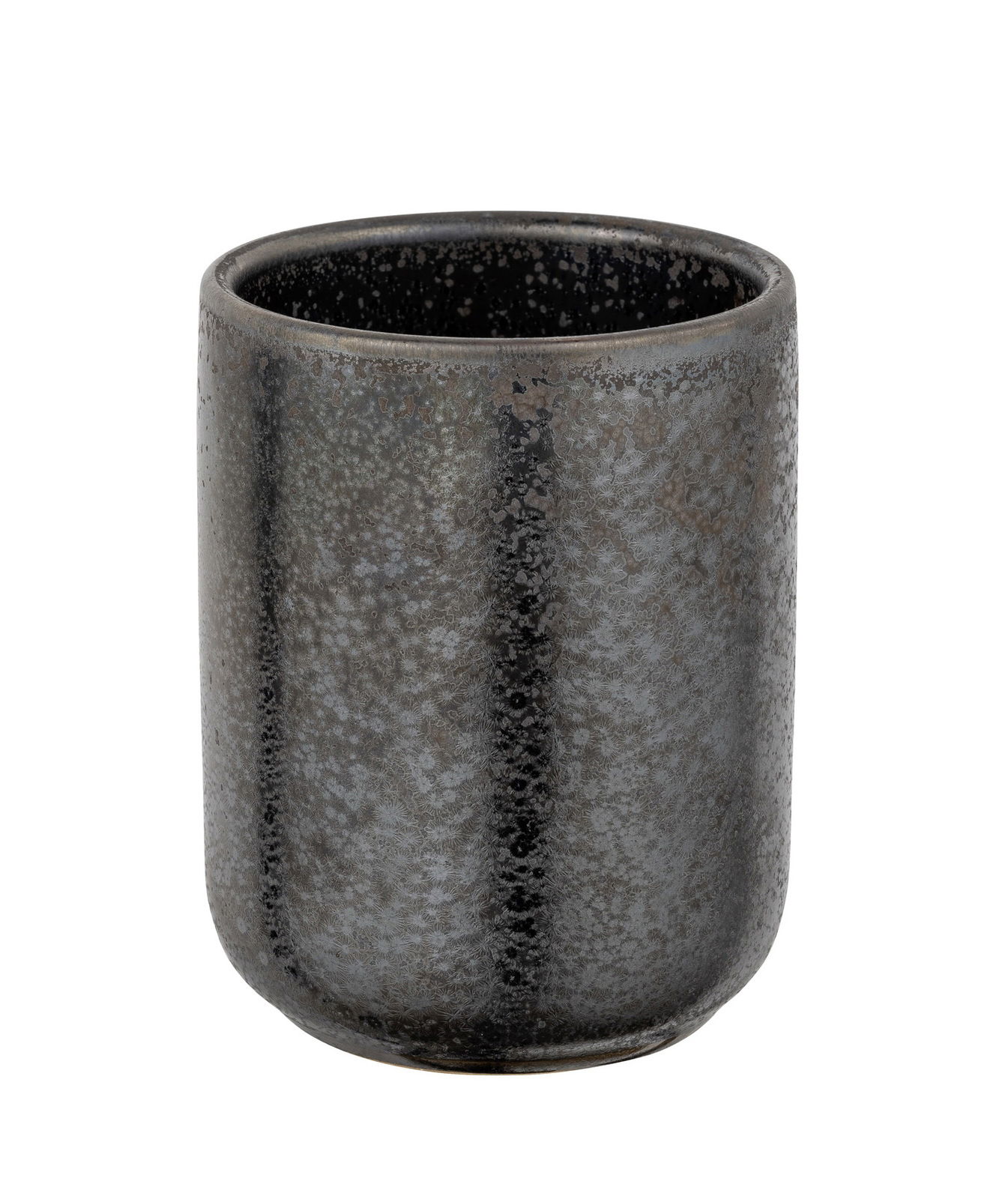 Keramik Zahnputzbecher Rufina in dunkler, gesprenkelter Optik, seitliche Perspektive