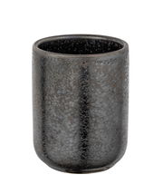 Keramik Zahnputzbecher Rufina in dunkler, gesprenkelter Optik, seitliche Perspektive