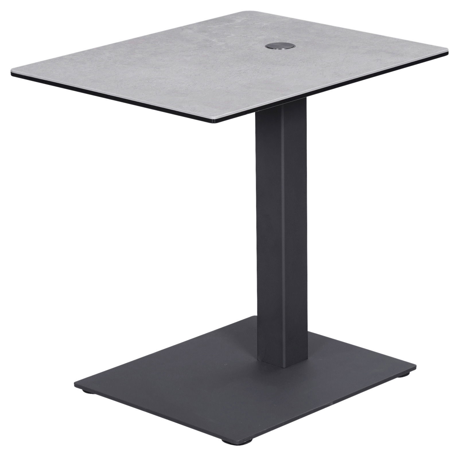 Moderner Beistelltisch mit quadratischer grauer Tischplatte und schwarzem Metallgestell, seitliche Perspektive.