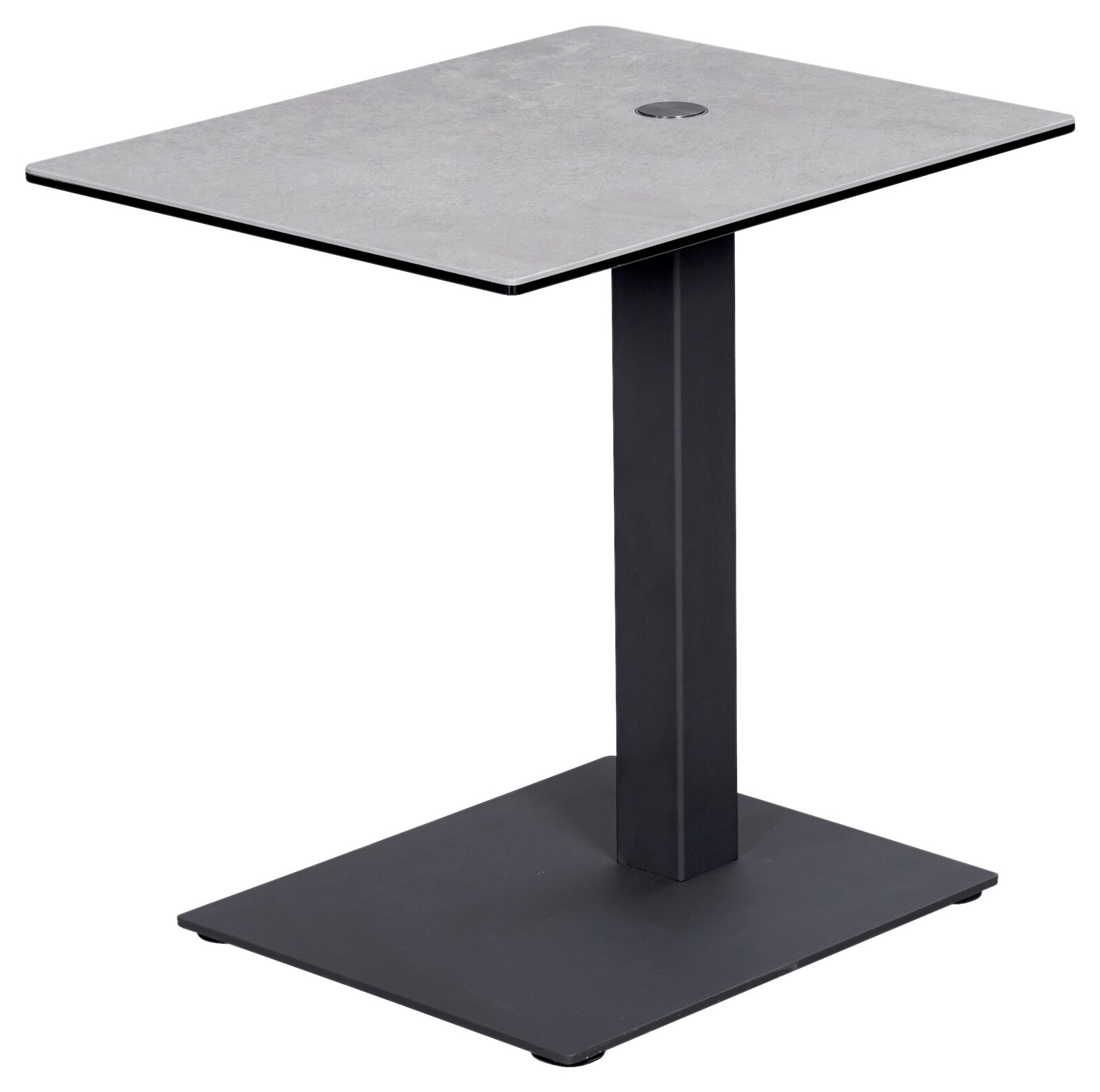 Moderner Beistelltisch mit quadratischer grauer Tischplatte und schwarzem Metallgestell, seitliche Perspektive.