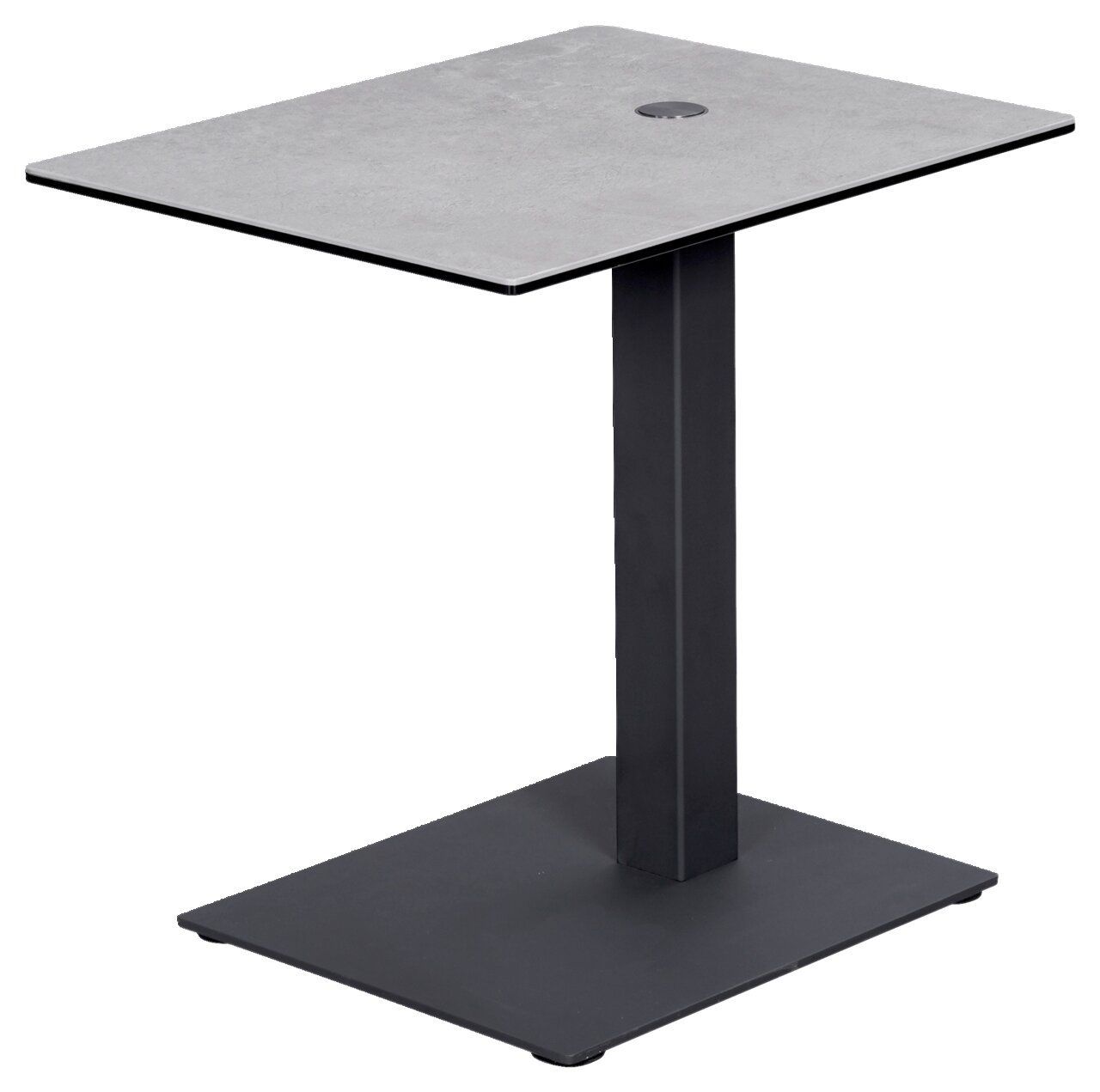 Moderner Beistelltisch mit quadratischer grauer Tischplatte und schwarzem Metallgestell, seitliche Perspektive.