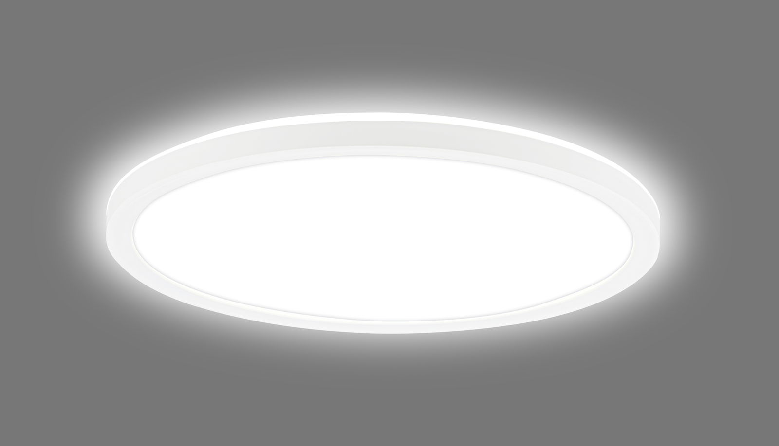 Runde LED-Deckenleuchte mit Bewegungssensor, seitliche Perspektive