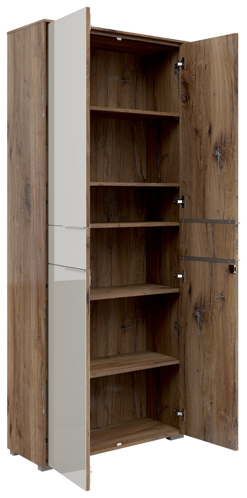 Geöffneter zweitüriger Aktenschrank aus Holz mit mehreren Regalböden, Perspektive von vorne links.