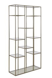 Modernes Standregal aus Metall mit Glasböden, seitliche Perspektive