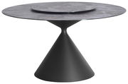 Moderner runder Esstisch mit konischem Sockel und Marmorplatte, seitliche Perspektive