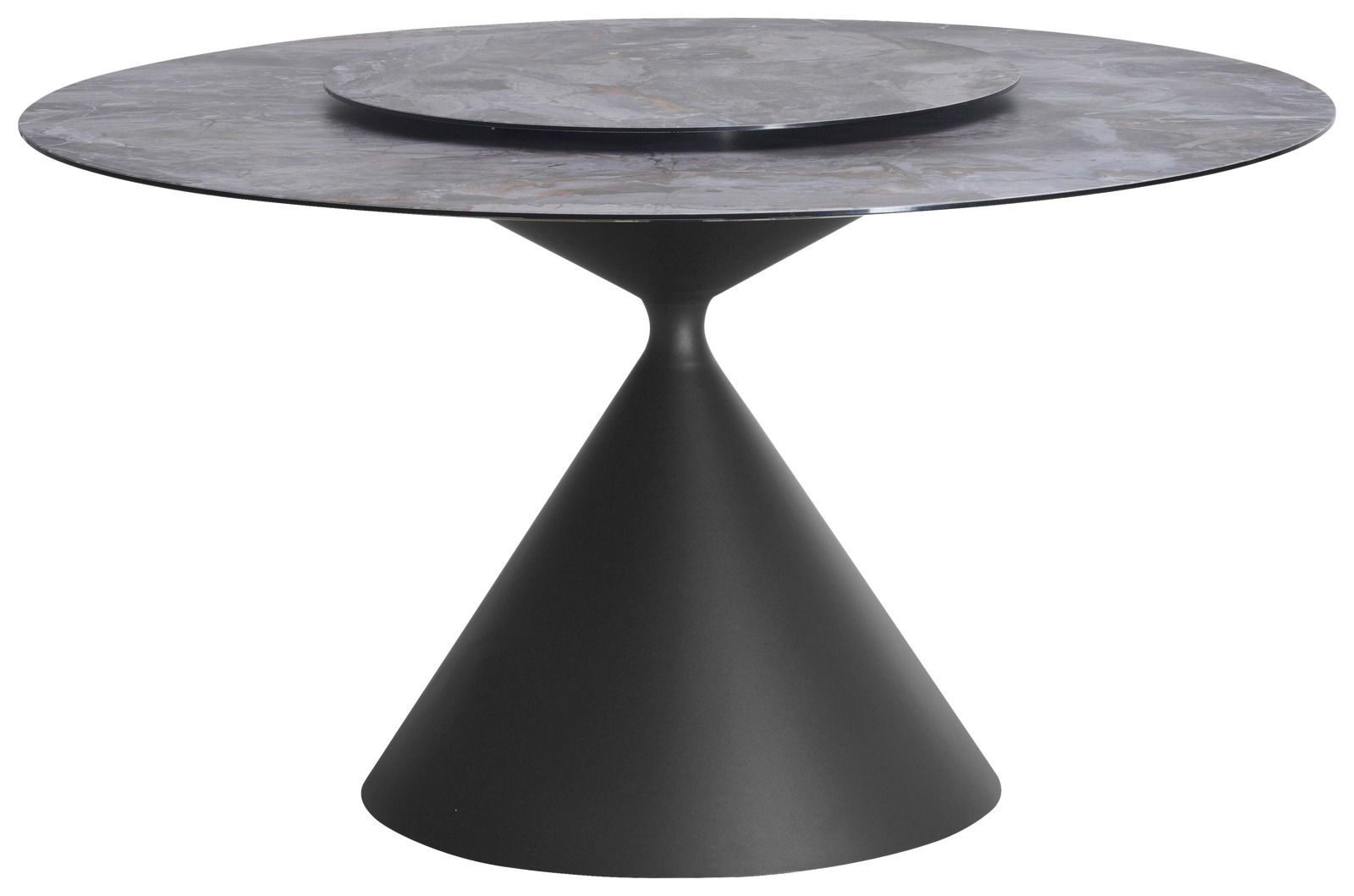 Moderner runder Esstisch mit konischem Sockel und Marmorplatte, seitliche Perspektive