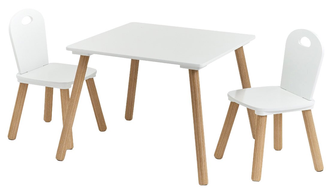 Zeller Present Kinder-Sitzgarnitur 3-tlg. SCANDI Kinder-Sitzgarnitur bestehend aus einem weißen Tisch und zwei weißen Stühlen mit Holzbeinen, seitliche Perspektive