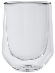 Transparenter doppelwandiger Becher aus Glas, seitliche Perspektive