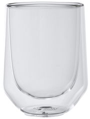 Transparenter doppelwandiger Becher aus Glas, seitliche Perspektive