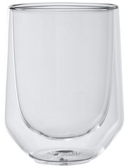 Transparenter doppelwandiger Becher aus Glas, seitliche Perspektive