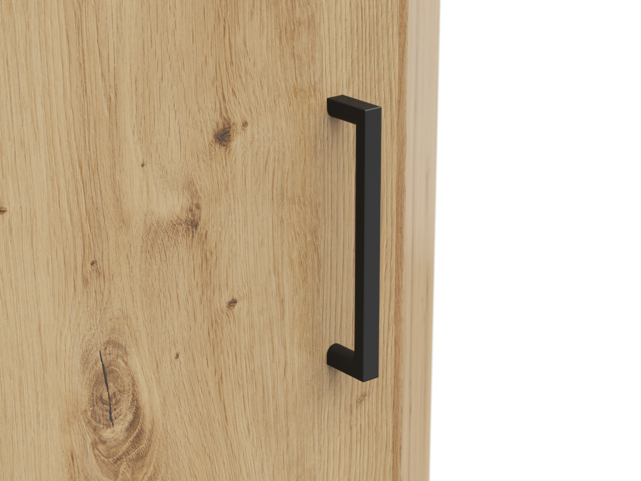 Nahaufnahme einer Holztür mit schwarzem Griff, seitliche Perspektive