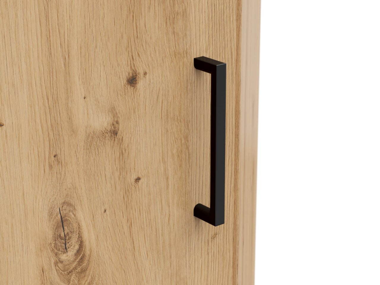 Nahaufnahme einer Holztür mit schwarzem Griff, seitliche Perspektive