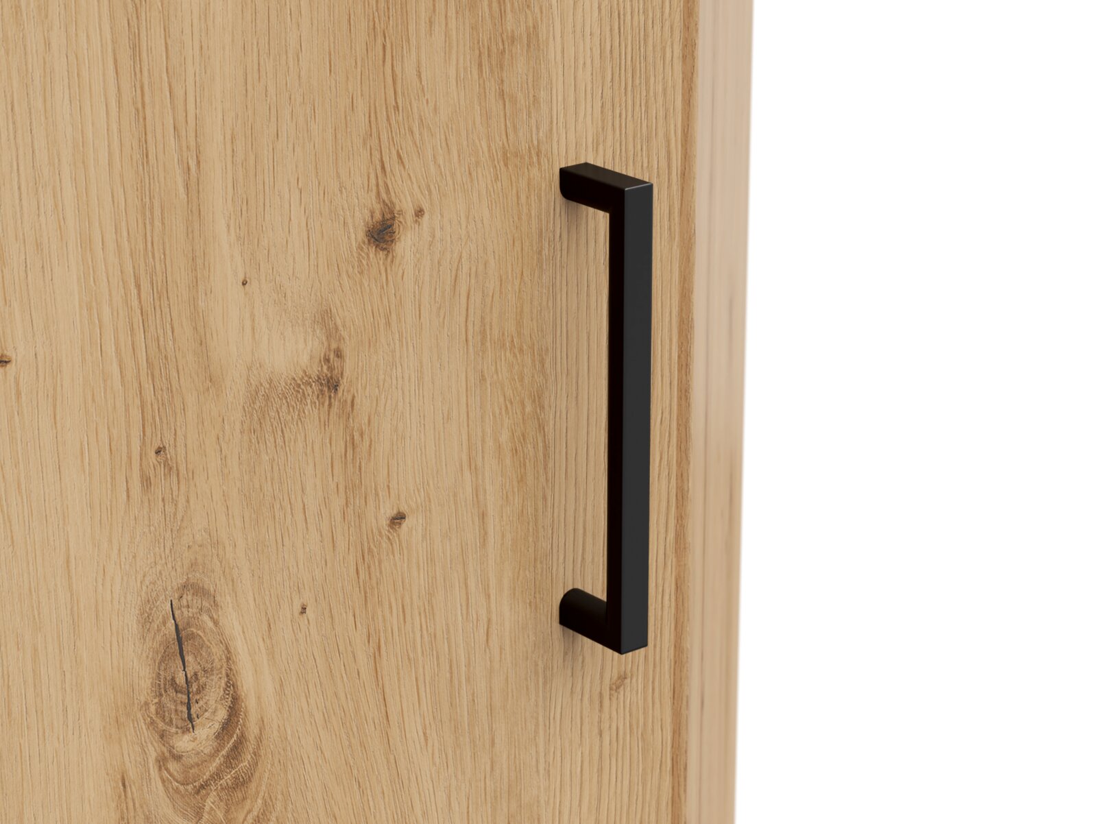 Nahaufnahme einer Holztür mit schwarzem Griff, seitliche Perspektive
