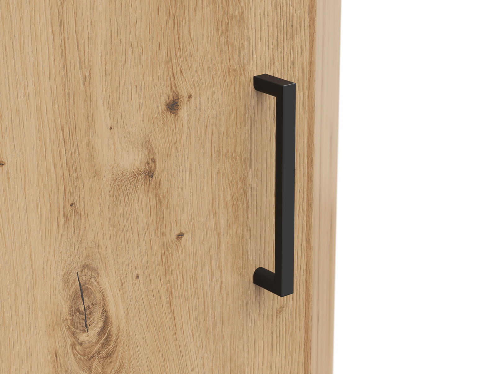 Nahaufnahme einer Holztür mit schwarzem Griff, seitliche Perspektive