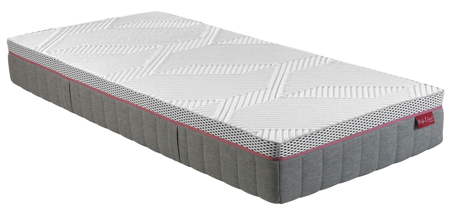 Matratze 90x200 MEDIUM in seitlicher Perspektive mit grauem und weißem Design, gepunktetem Rand und rotem Etikett.