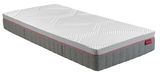 Matratze 90x200 MEDIUM in seitlicher Perspektive mit grauem und weißem Design, gepunktetem Rand und rotem Etikett.