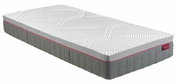 Matratze 90x200 MEDIUM in seitlicher Perspektive mit grauem und weißem Design, gepunktetem Rand und rotem Etikett.