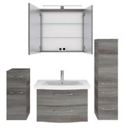 Badezimmermöbel-Set in grauer Holzoptik, bestehend aus einem Waschbeckenunterschrank mit Waschbecken, einem hohen und einem niedrigen Schrank sowie einem Spiegelschrank mit geöffneter Tür, Frontalansicht.