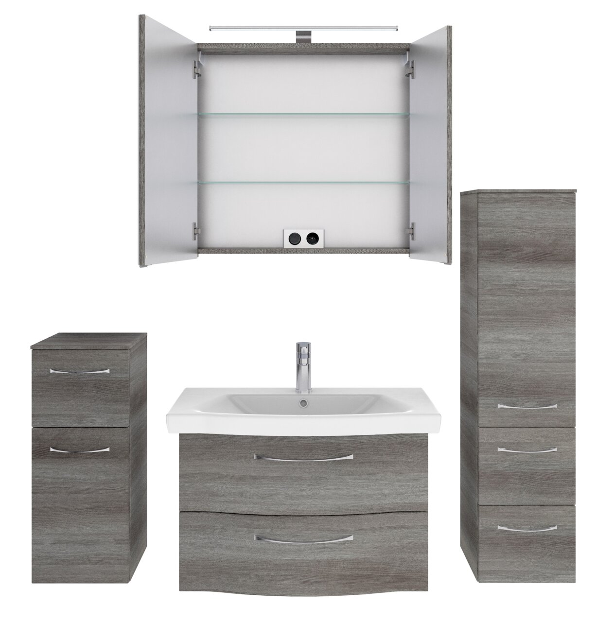 Badezimmermöbel-Set in grauer Holzoptik, bestehend aus einem Waschbeckenunterschrank mit Waschbecken, einem hohen und einem niedrigen Schrank sowie einem Spiegelschrank mit geöffneter Tür, Frontalansicht.