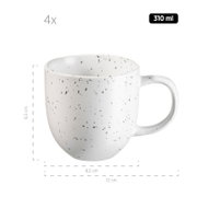 Weiße, gesprenkelte Keramik-Kaffeetasse mit Henkel, 310 ml Fassungsvermögen (4er-Set), freigestellt auf weißem Hintergrund, Ansicht schräg von vorne/rechts.