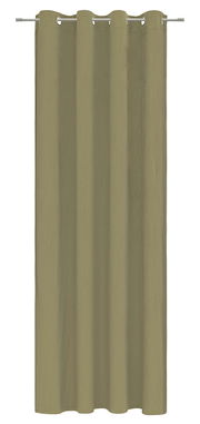 Grüner Ösenschal aus Stoff, frontal aufgenommen, an einer Gardinenstange aufgehängt.