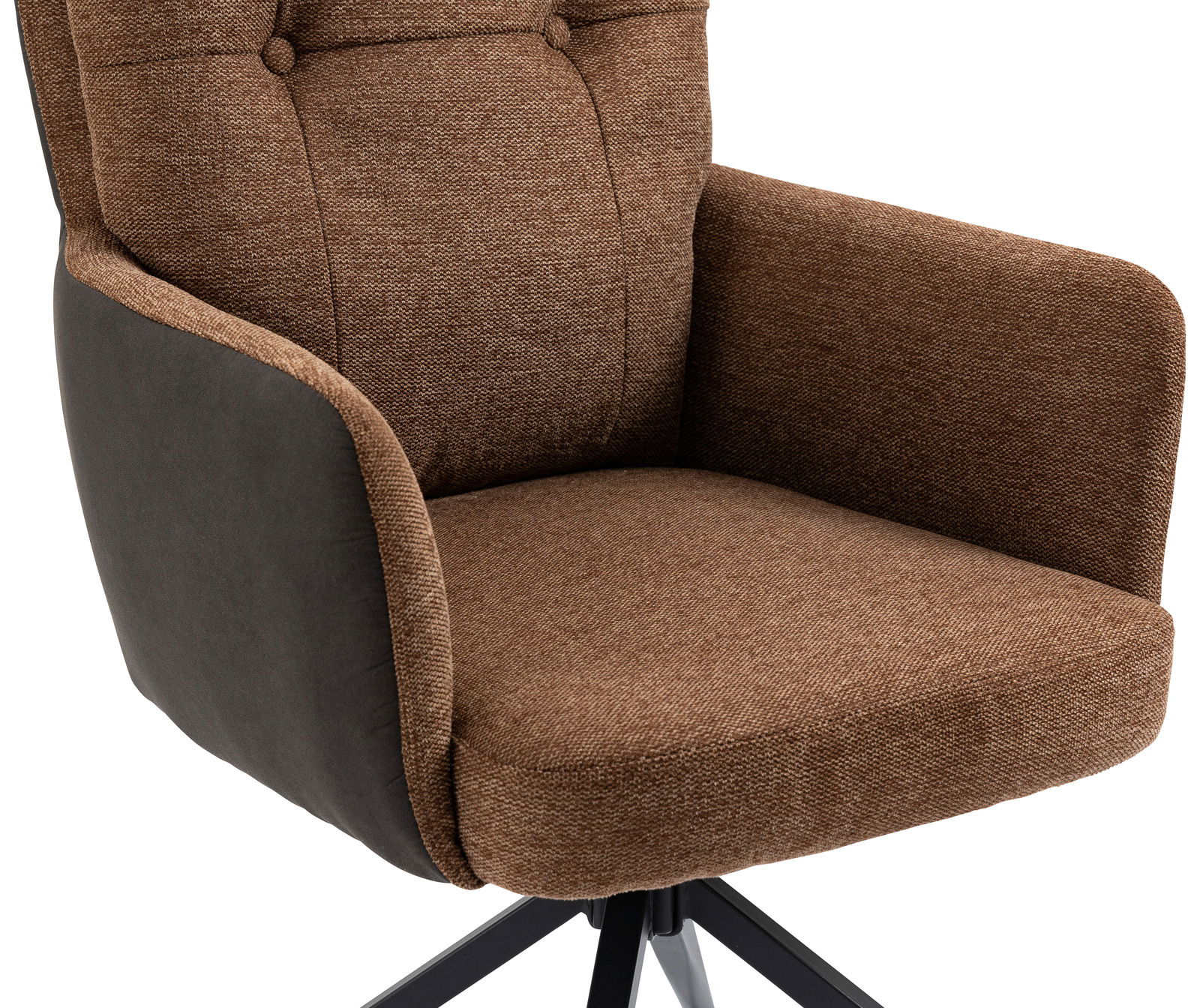 Brauner Sessel mit gepolstertem Sitz und Rückenlehne, seitliche Ansicht