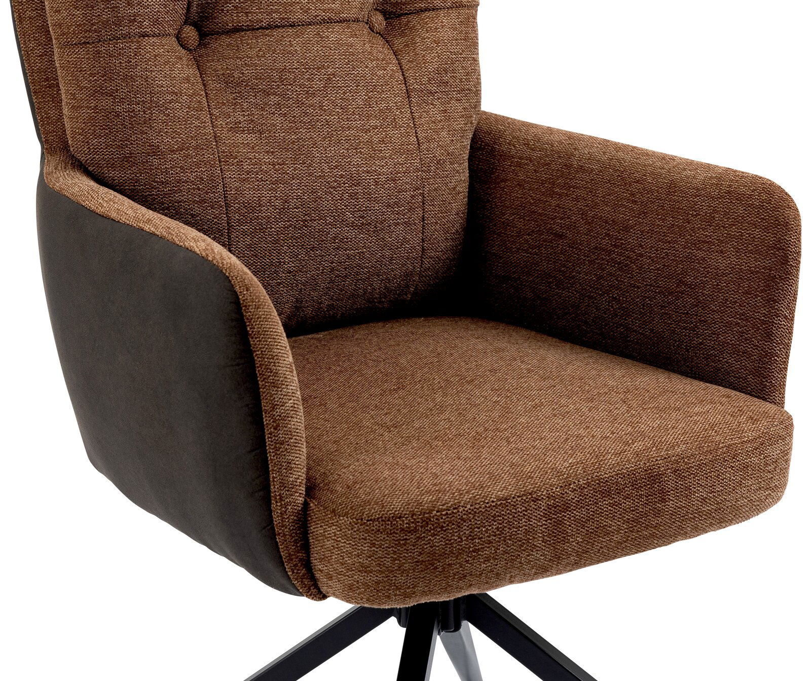 Brauner Sessel mit gepolstertem Sitz und Rückenlehne, seitliche Ansicht