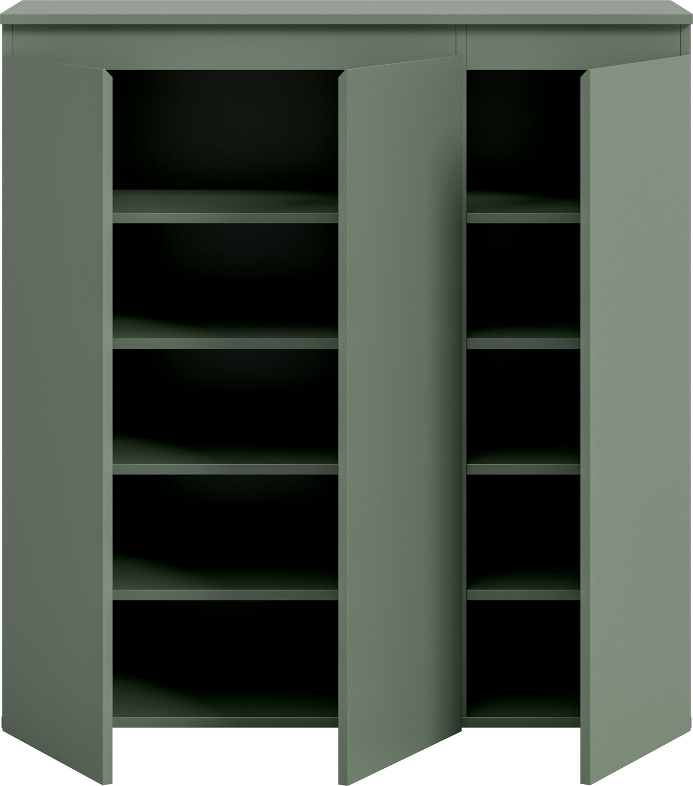 Grüner Aufbewahrungsschrank mit zwei geöffneten Türen und mehreren Einlegeböden, frontal in leichter Schrägansicht von vorn dargestellt