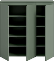 Grüner Aufbewahrungsschrank mit zwei geöffneten Türen und mehreren Einlegeböden, frontal in leichter Schrägansicht von vorn dargestellt