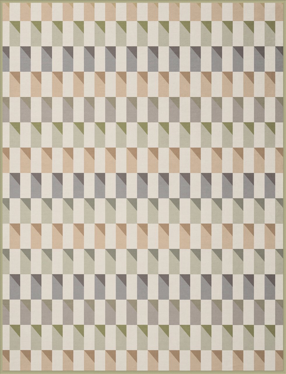 Wohndecke mit geometrischem Muster in Beige, Grau und Grün, Draufsicht