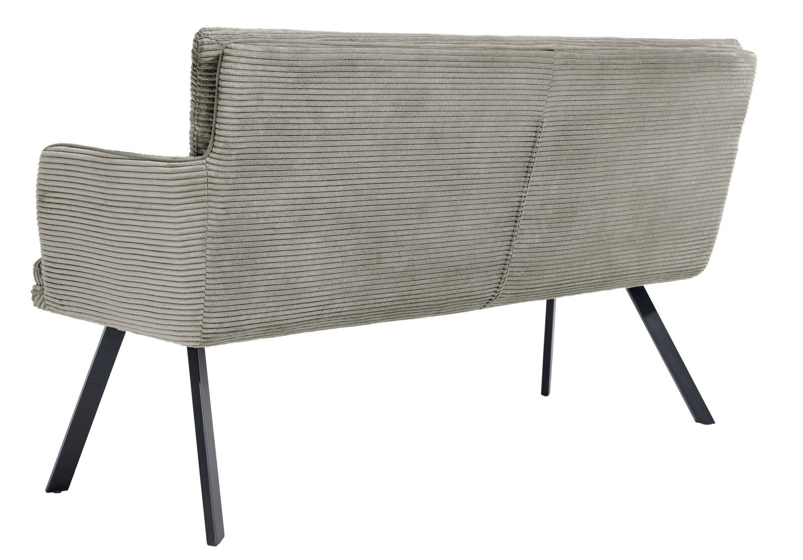 Rückansicht einer Sitzbank mit grauem, geripptem Stoffbezug und schwarzen Metallbeinen.