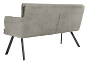 Rückansicht einer Sitzbank mit grauem, geripptem Stoffbezug und schwarzen Metallbeinen.