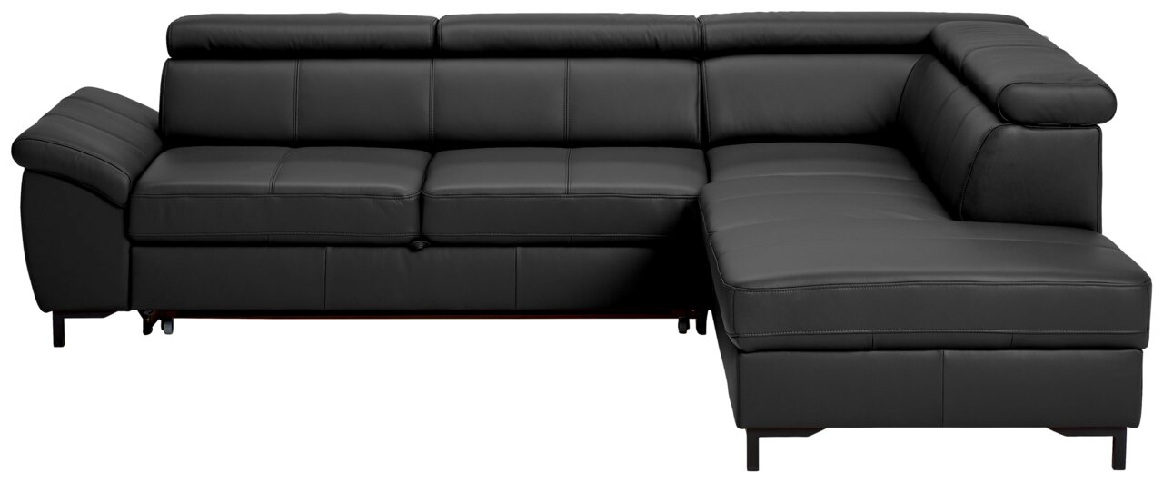 Stylife Ecksofa LENO 2.0 Schwarze Eckgarnitur aus Leder, frontal fotografiert, mit verstellbaren Kopfstützen und modernem Design.