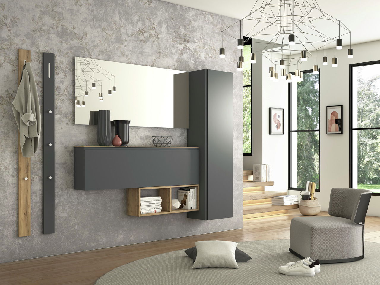 Modernes Garderoben-Set in einem stilvollen Wohnzimmer mit grauen und holzfarbenen Elementen, bestehend aus einem Wandspiegel, einem Hängeschrank und einem offenen Regal. Perspektive: Frontalansicht.