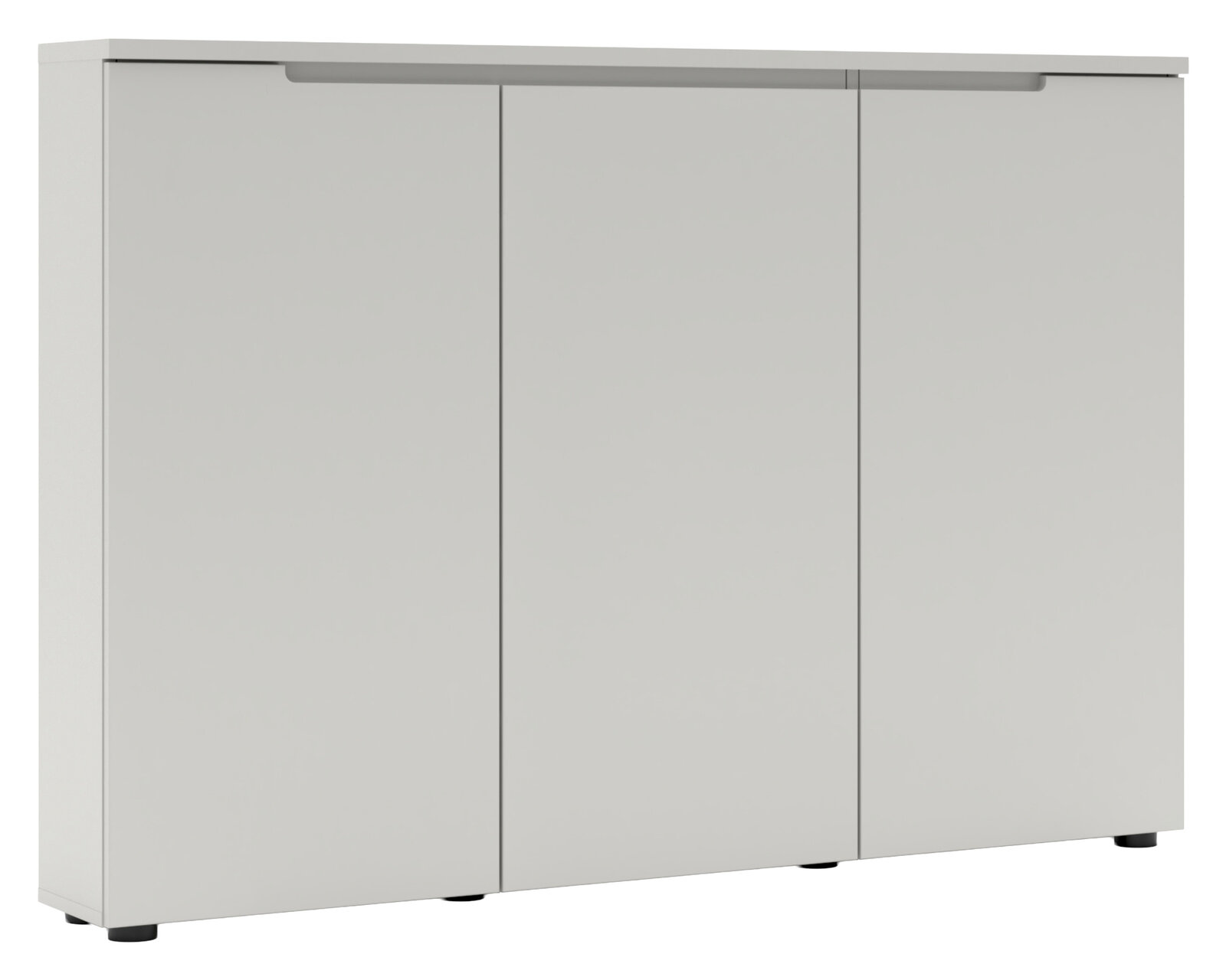 Weißes Sideboard mit drei grifflosen Türen und flacher Deckplatte, freigestellt vor weißem Hintergrund, Ansicht schräg von vorn.