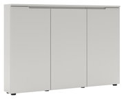 Wit dressoir met drie deuren zonder handgrepen en een vlak bovenblad, vrijstaand tegen een witte achtergrond, schuin vooraanzicht.