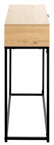 Seitenansicht einer modernen Konsole mit Holzoberfläche und schwarzem Metallgestell.