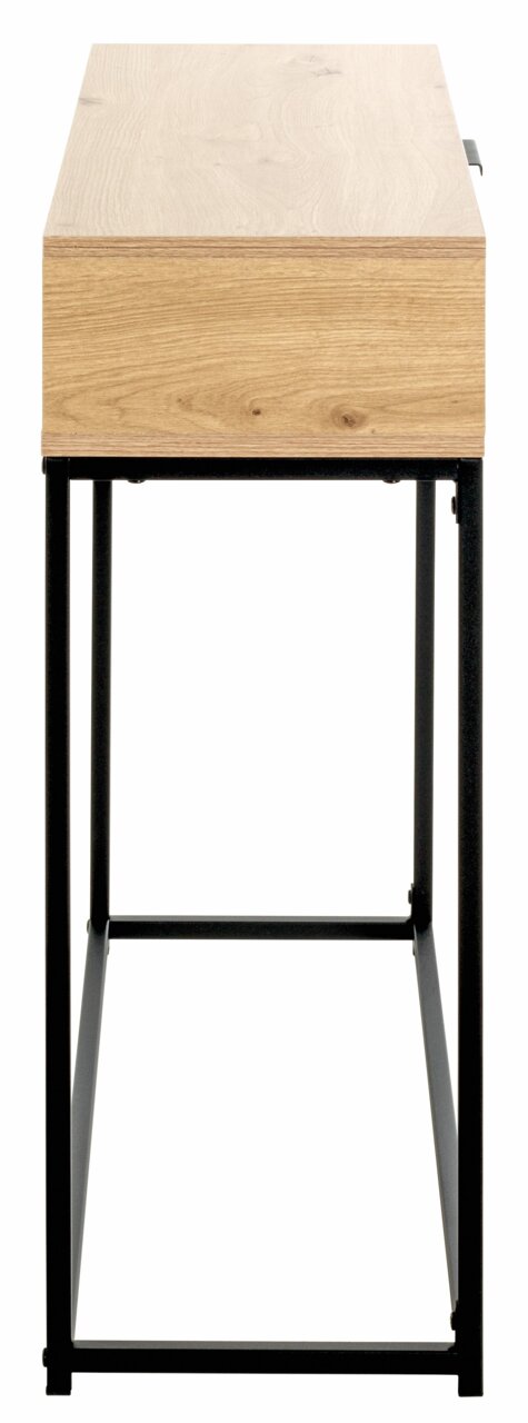 Seitenansicht einer modernen Konsole mit Holzoberfläche und schwarzem Metallgestell.