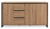Frontale Ansicht eines modernen Sideboards aus Holz mit schwarzem Rahmen und mehreren Schubladen und Türen.