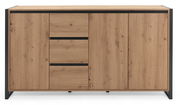 Frontale Ansicht eines modernen Sideboards aus Holz mit schwarzem Rahmen und mehreren Schubladen und Türen.
