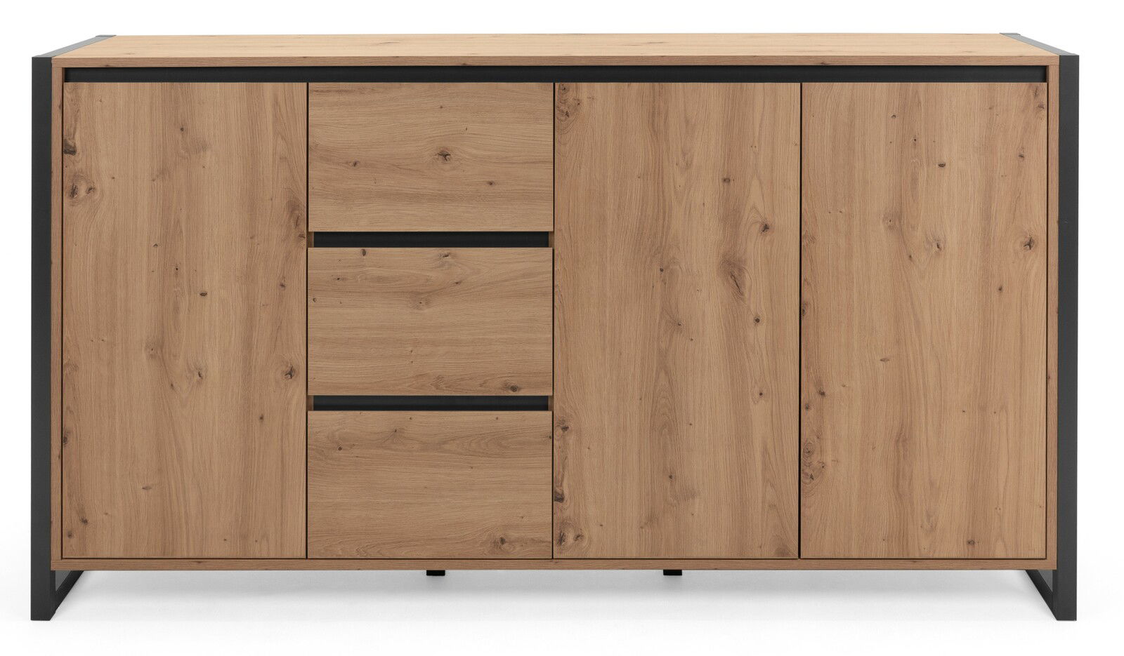 Frontale Ansicht eines modernen Sideboards aus Holz mit schwarzem Rahmen und mehreren Schubladen und Türen.