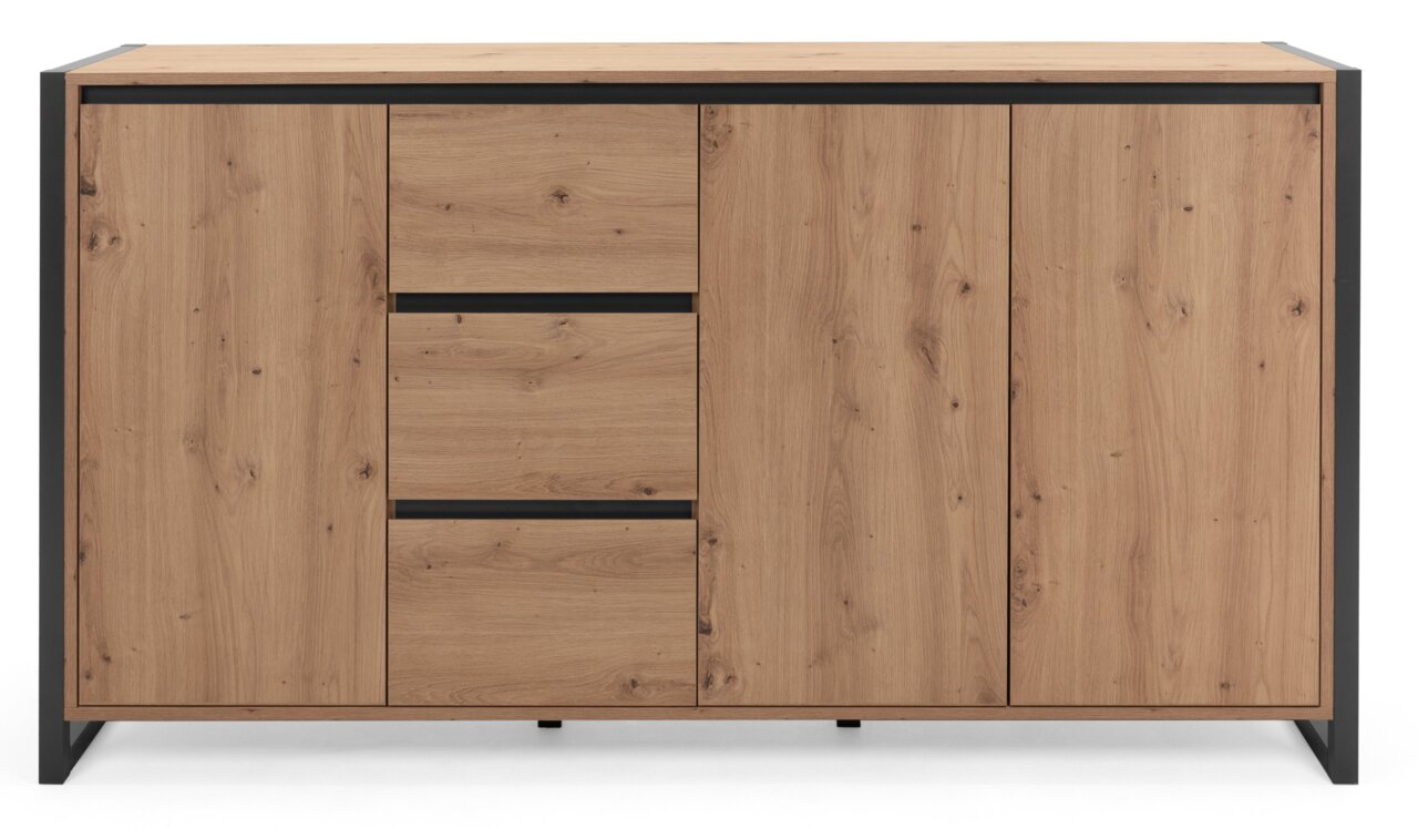 Vooraanzicht van een modern houten dressoir met een zwart frame en meerdere lades en deuren.
