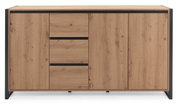 Vooraanzicht van een modern houten dressoir met een zwart frame en meerdere lades en deuren.