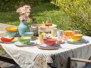 Bunte Tellerset 12-tlg auf einem Tisch im Freien, mit Blumen und Geschirr in verschiedenen Farben, von oben fotografiert.