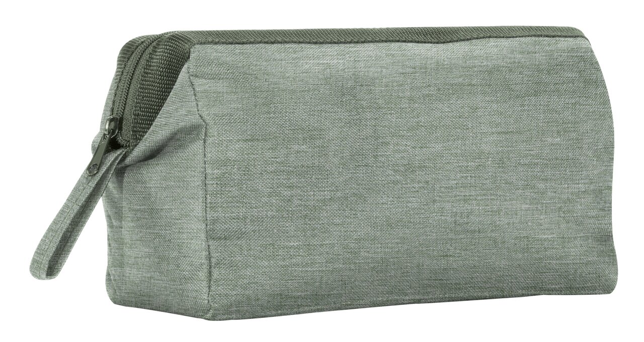 Grüne Kosmetiktasche aus Stoff mit Reißverschluss, seitliche Perspektive