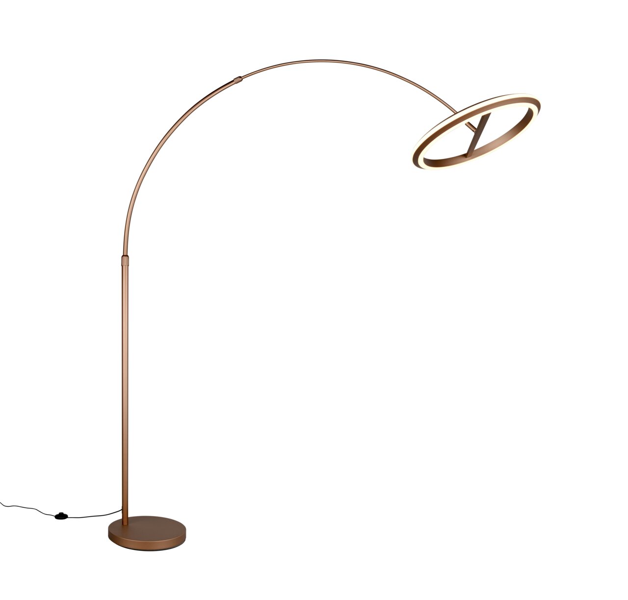 Moderne LED-Bogenleuchte in Bronze mit rundem Sockel und kreisförmigem Lampenschirm, seitliche Perspektive